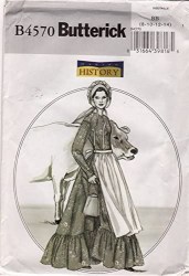 4570 BUTTERICK COLONIAL  LONG SLEEVE FLOOR DRESS, PANTALOONS, APRON, BONNET PATTERN 8-22